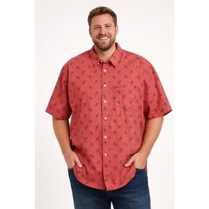 IZOD Button Down Shirt Size 2XLT Coral Red Pineapple Print Short Sleeve Casual